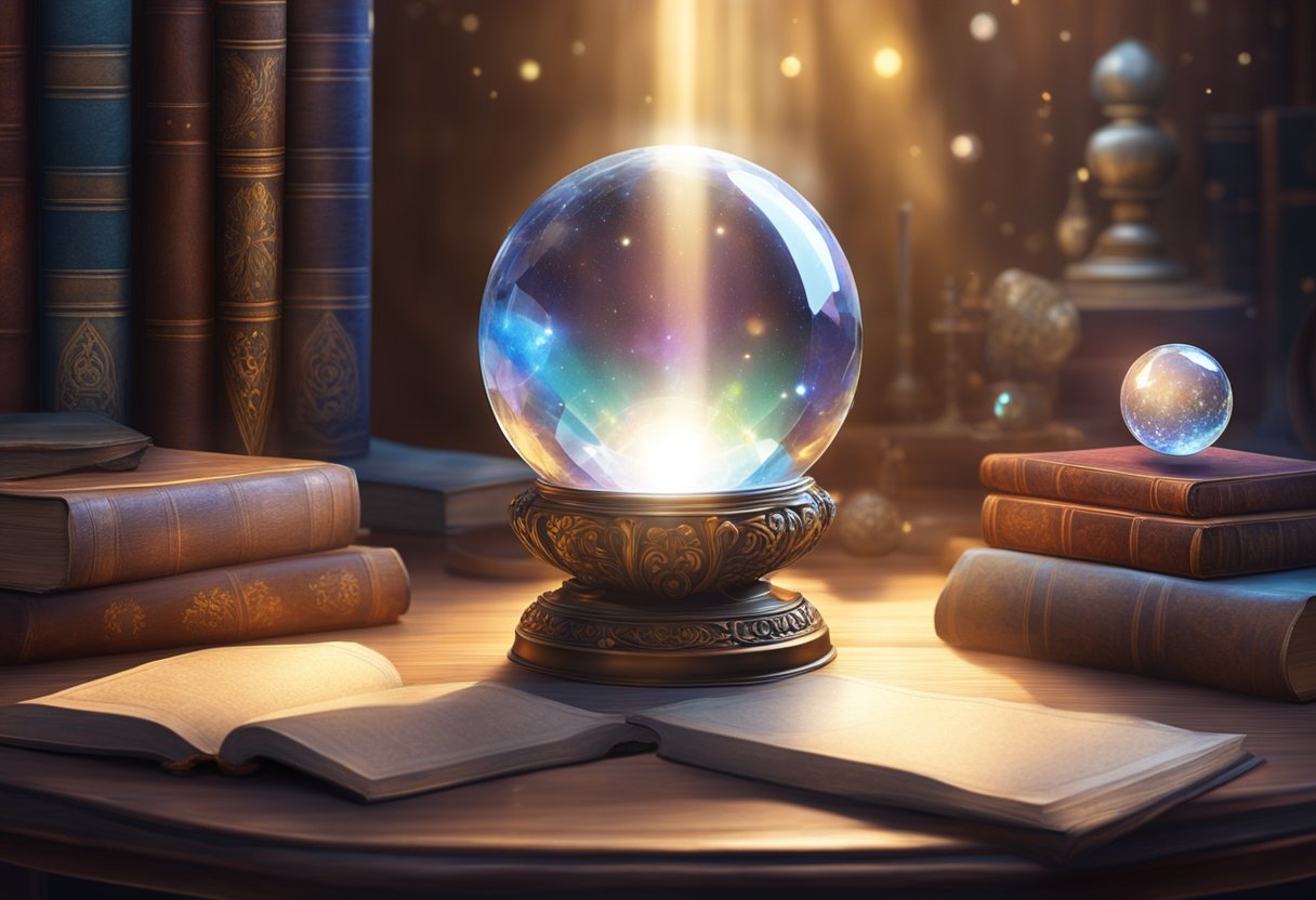 A crystal ball and mirror sit on a table, surrounded by ancient books on divination. Rays of light illuminate the mystical objects