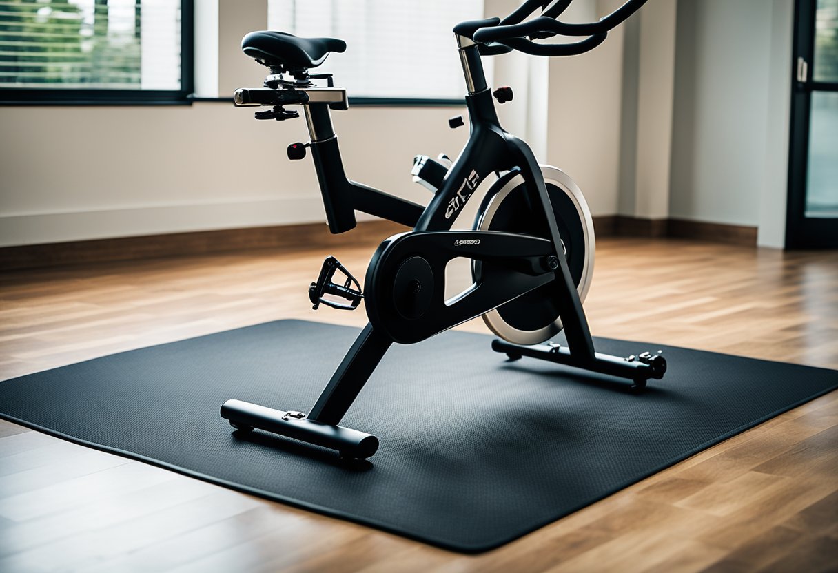 A spin bike sits on a protective floor mat in a spacious, well-lit room. The mat is durable and non-slip, providing protection for the floor and reducing noise during workouts