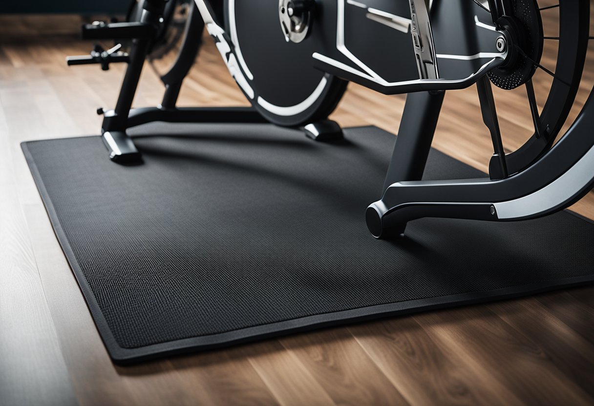 A spin bike mat with sleek, modern design and durable materials, providing protection for the floor and adding aesthetic appeal to the workout area