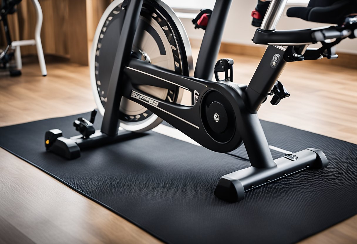 A spin bike sits on a protective floor mat, surrounded by safety tips and guidelines. The mat is sturdy and provides a barrier between the bike and the floor
