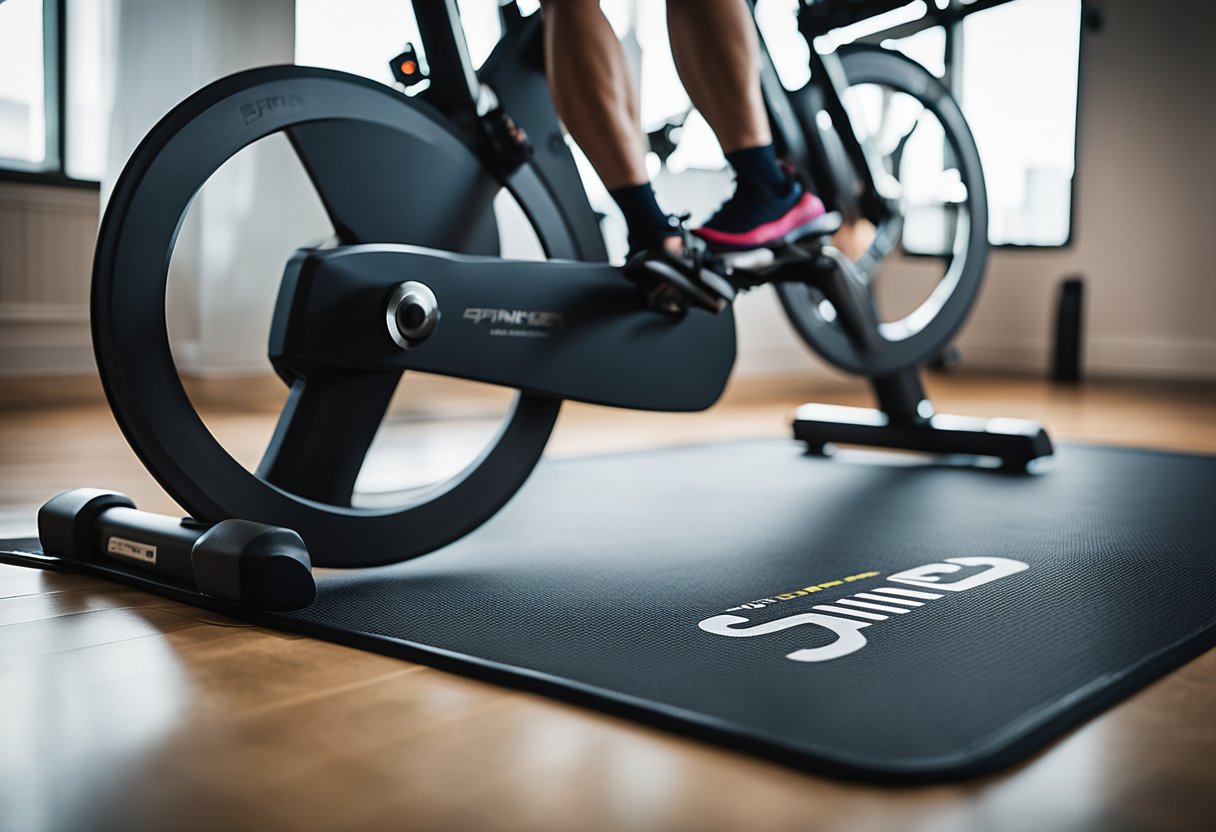 A spin bike floor mat placed under a stationary bike with a label "Spin Bike Floor Mats and Protection" next to it