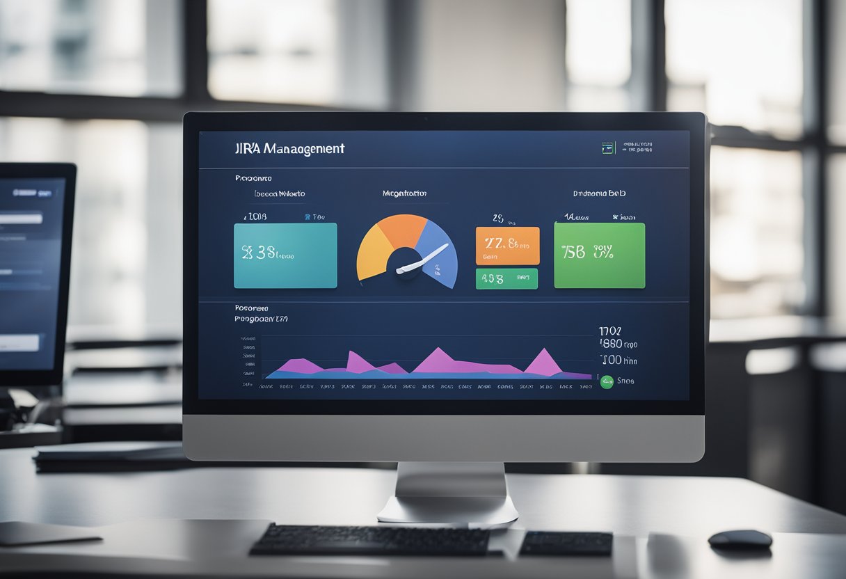 A computer screen displaying a Jira project management dashboard with various tasks, timelines, and progress bars. Multiple tabs open with different project boards