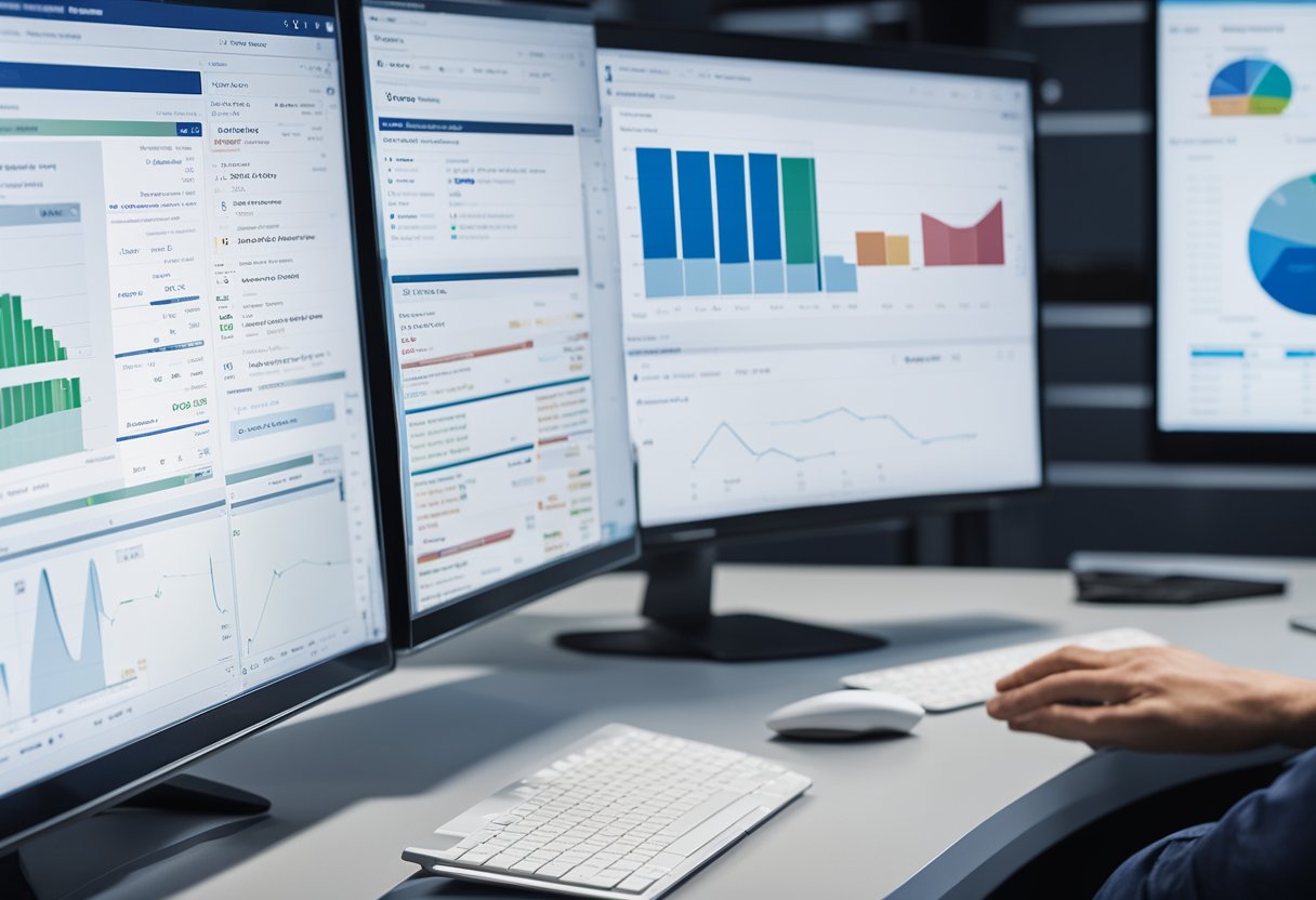 A computer screen displays Atlassian Jira software with various issue tracking and reporting features. Multiple tabs and charts are visible, showing data and progress