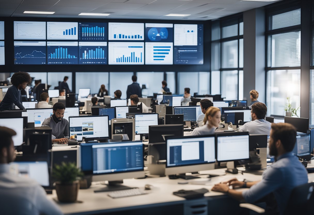 A bustling office with employees collaborating on computers, whiteboards filled with Jira workflows, and a large screen displaying Jira software analytics