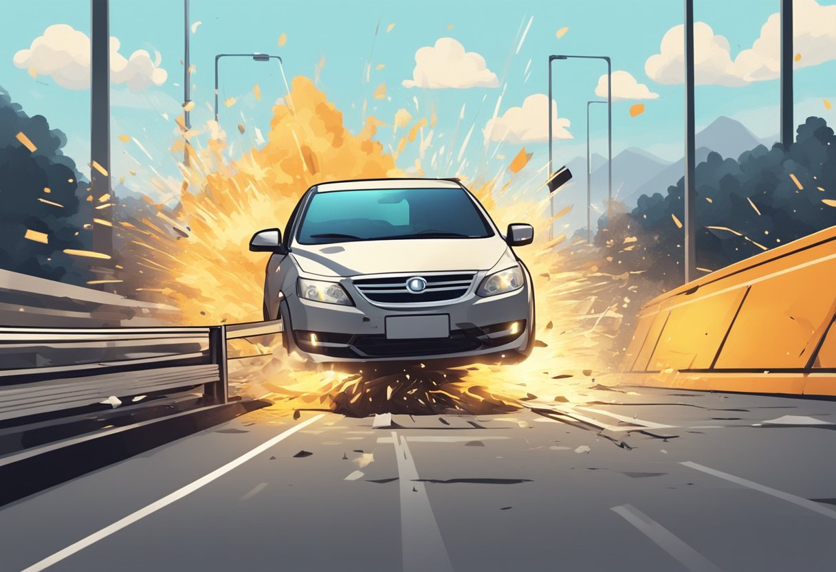 A car crashes into a barrier, emitting screeching sounds and sparks. Graphics show damage and audio simulates impact