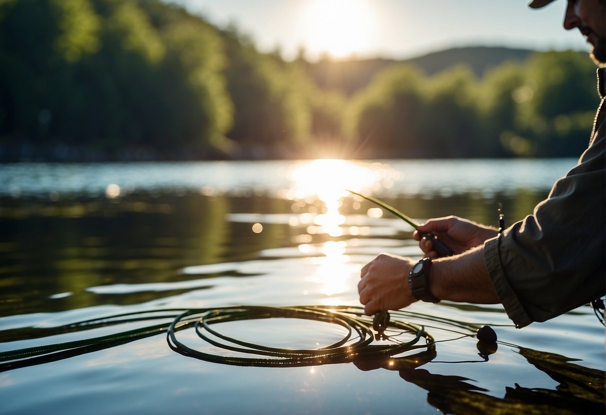 A person casts a fishing line into the water, with electronic fishing equipment visible nearby. The sun shines down on the peaceful spring scene