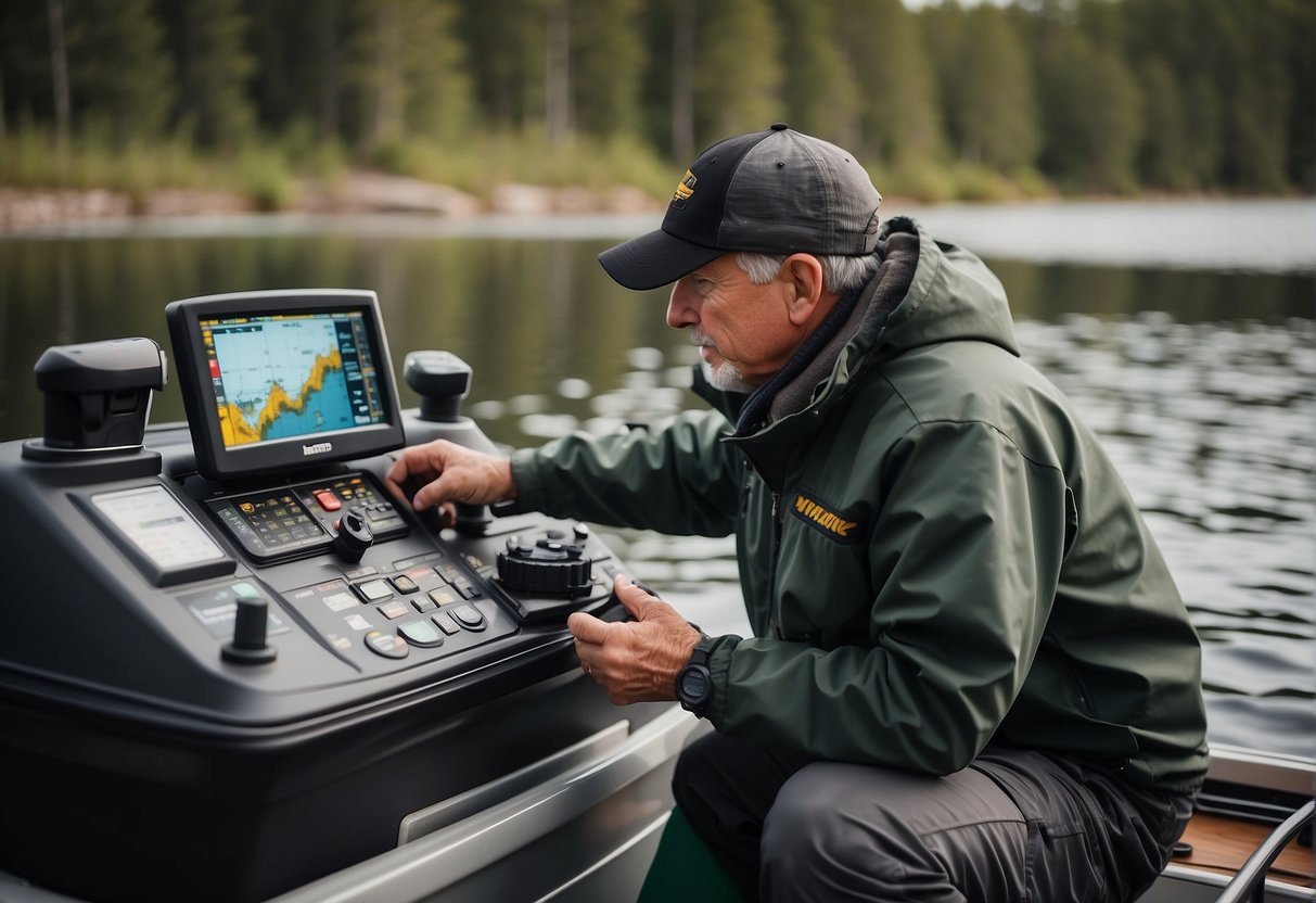 A fisherman selects electronic gear for spring walleye fishing. Sonar, GPS, and depth finders lay out on a boat deck
