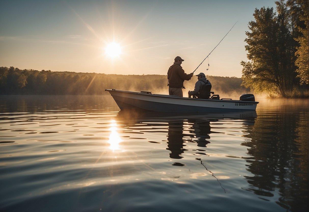 A fisherman using sonar to locate and target spring walleye in a boat on a calm lake, with the sun rising in the background