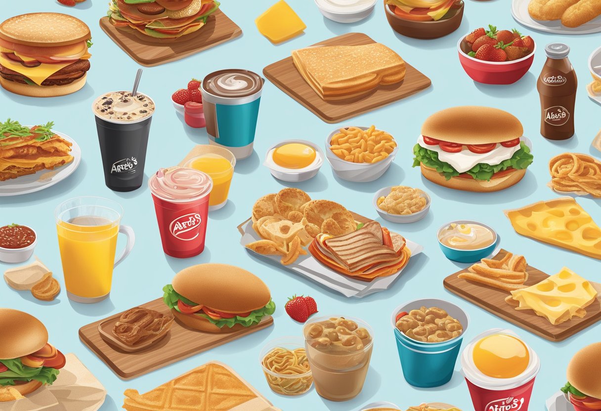 The Arby's breakfast menu features a variety of delicious options, including breakfast sandwiches, wraps, and sides. The menu is displayed on a clean, modern-looking board with vibrant colors and appetizing food images