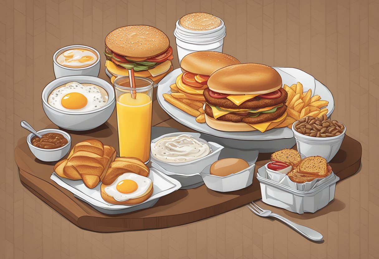 The Arby's breakfast menu is displayed with clear pricing, availability, and promotions. The items are neatly arranged with attractive visuals