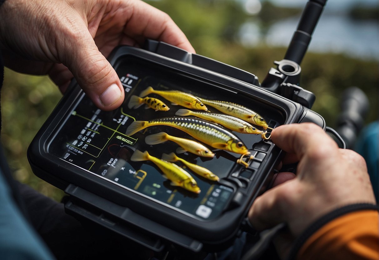 An angler uses electronic devices to choose spring walleye baits and lures