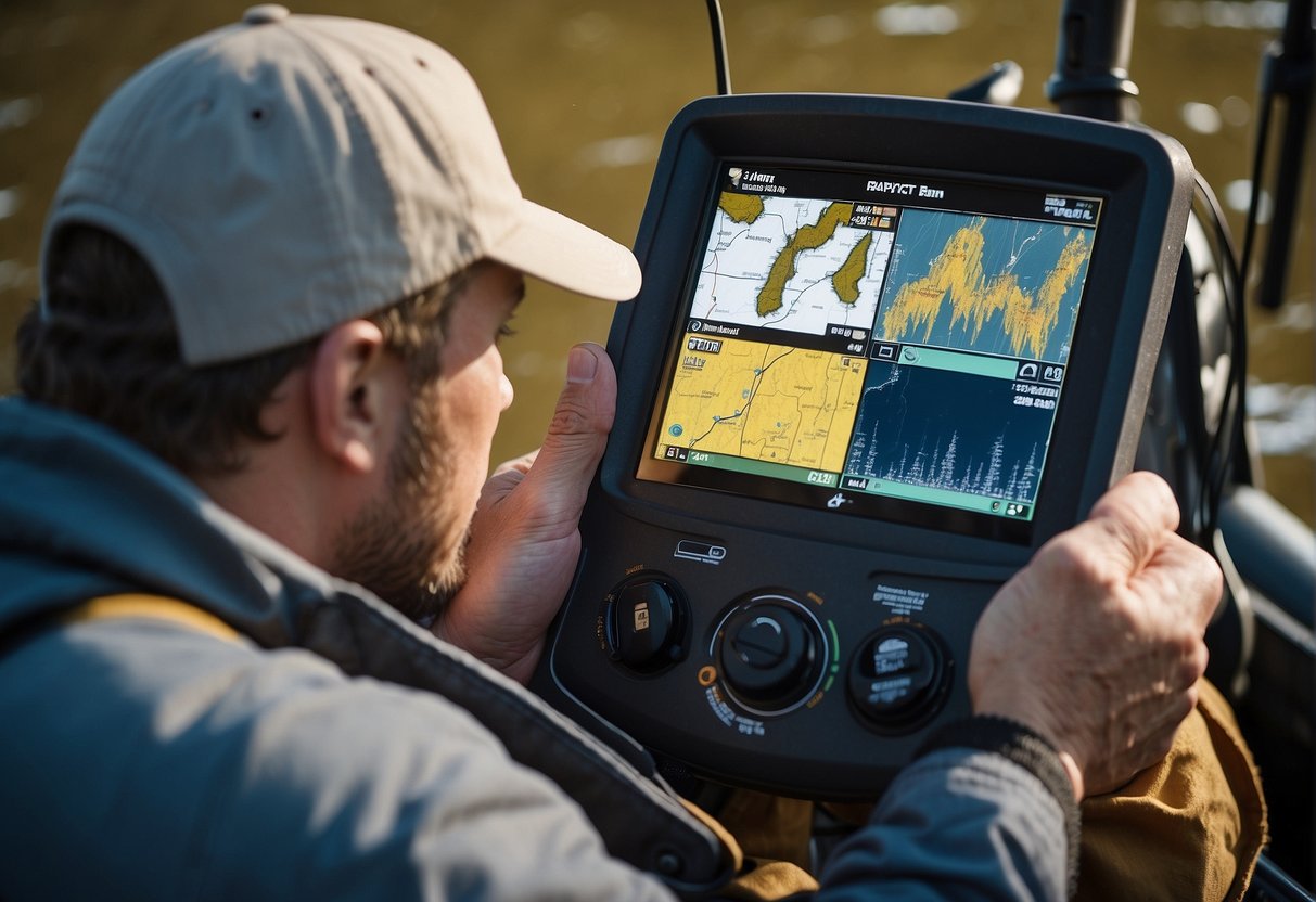 A person using electronics to locate spring walleye fishing spots. Sonar screen showing fish arches and depth readings. GPS mapping out waypoints