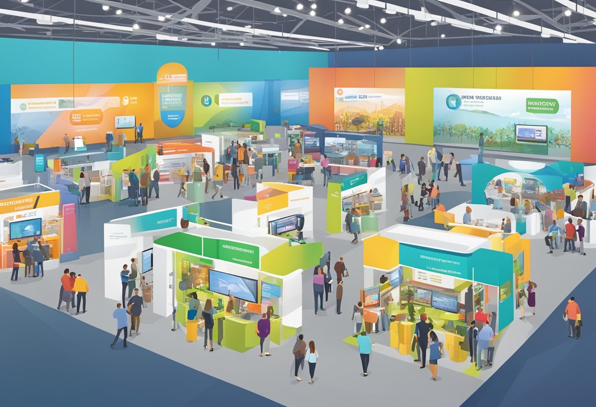 A bustling trade show floor with colorful booths, interactive displays, and enthusiastic attendees playing games, exchanging information, and networking