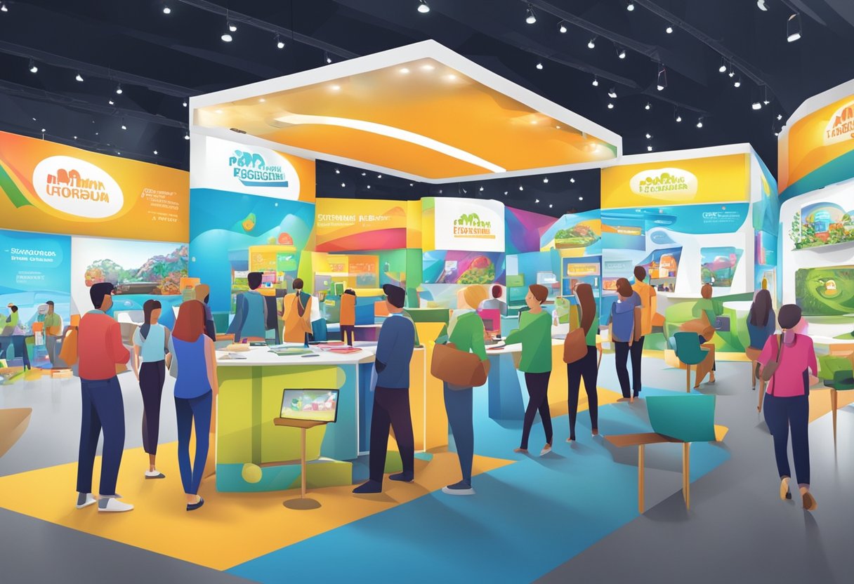 A vibrant trade show booth with interactive games, colorful signage, and engaging displays. Attendees are eagerly participating in the activities, creating a lively and dynamic atmosphere