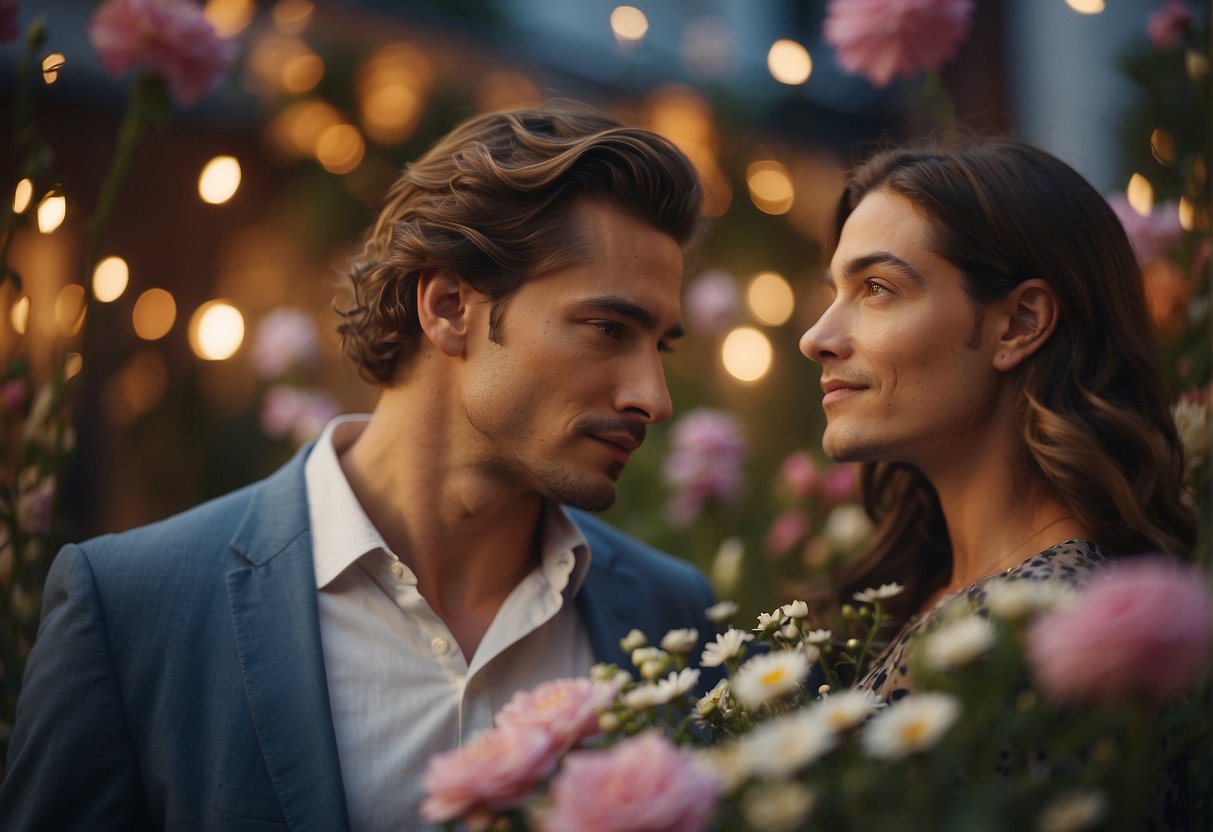 A libra man gazes lovingly at his partner, surrounded by flowers and romantic symbols