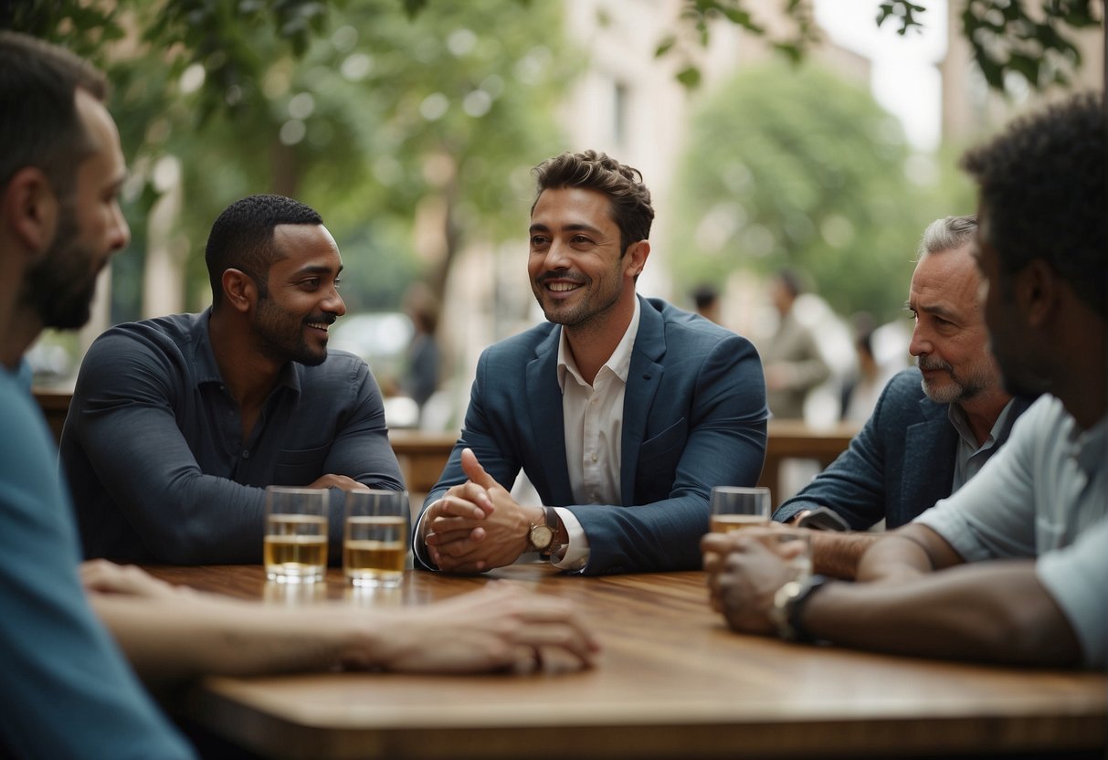 A Libra man engages in deep conversation, surrounded by friends, exuding charm and diplomacy. He listens attentively, balancing the group's energy with his harmonious presence