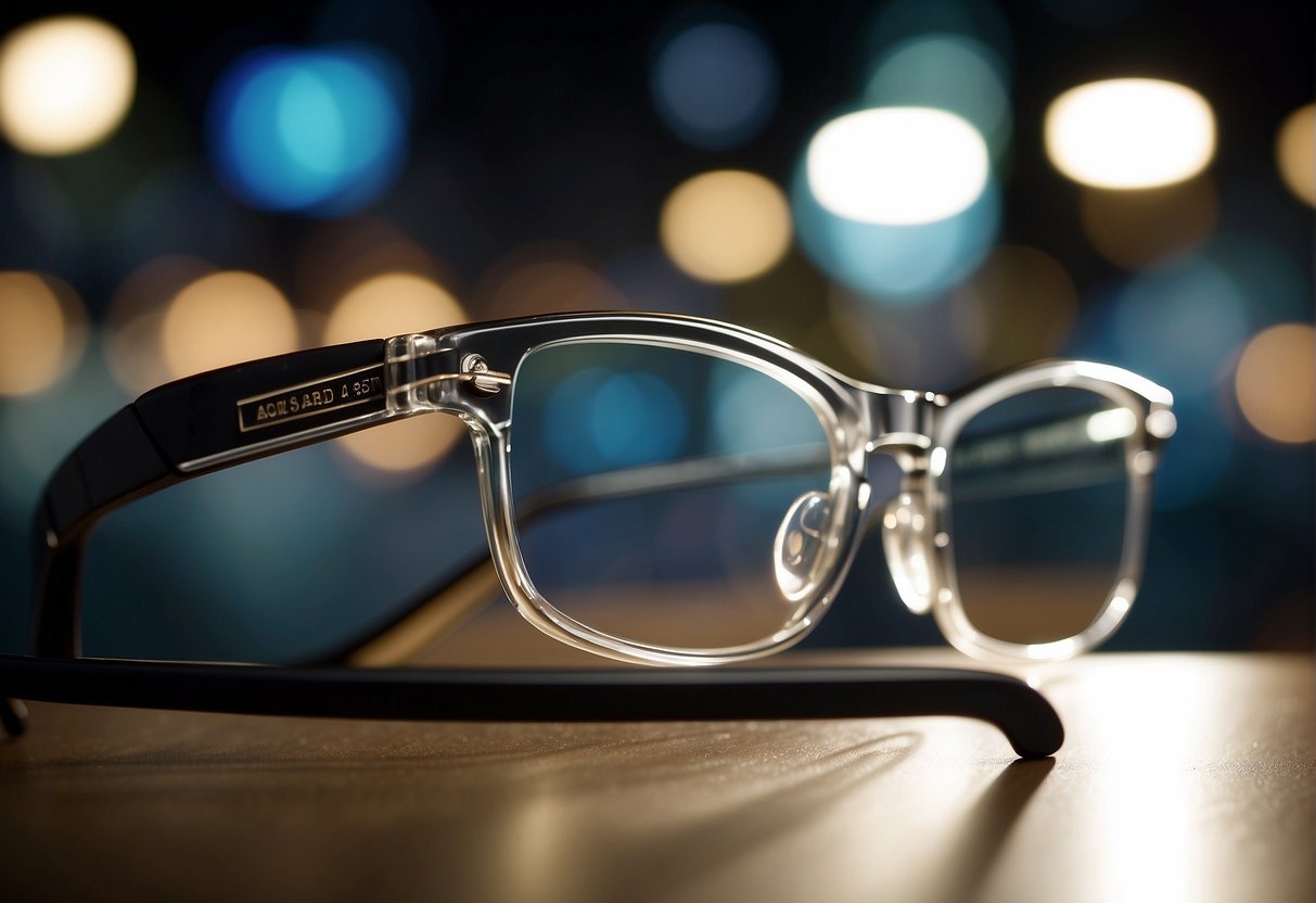 The scene is a pair of eyeglasses with a lens that appears to change in response to different lighting conditions. The pros and cons of the light adjustable lens are highlighted in the background