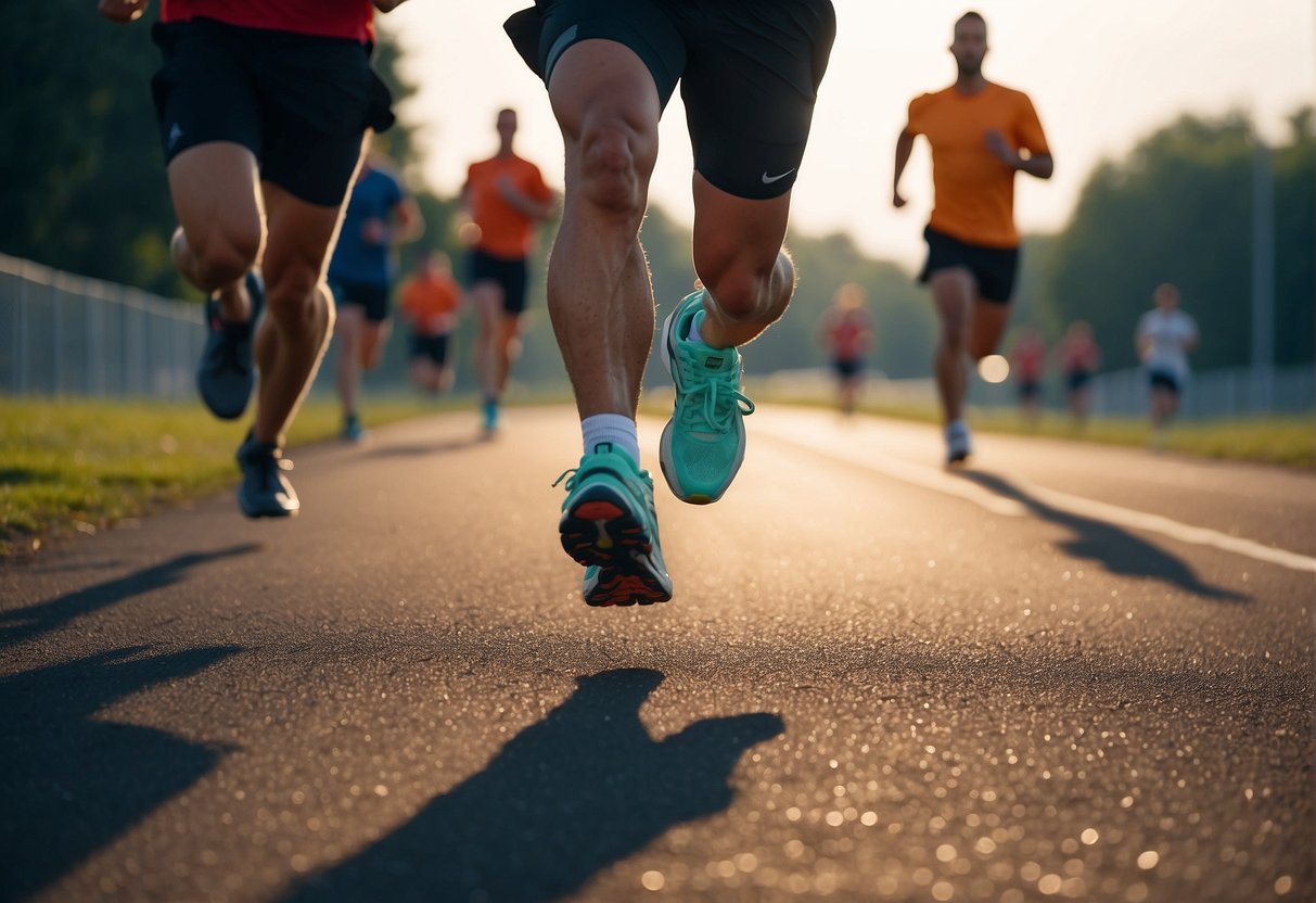 Runners sprinting and jogging in a circuit, alternating between high-intensity bursts and recovery periods. Heart rates are elevated, and sweat glistens under the bright lights