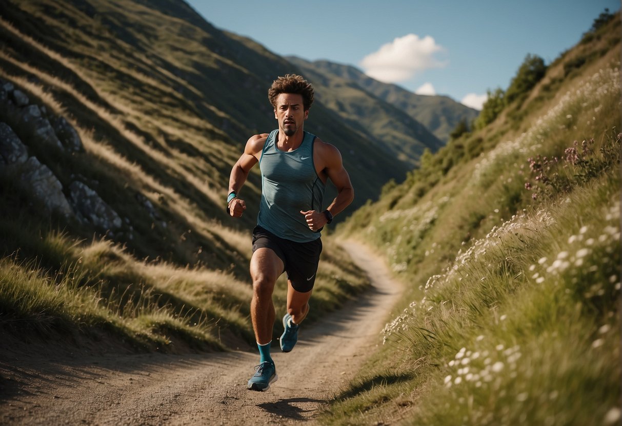 A runner sprints up a steep hill, then jogs back down for recovery. This process is repeated multiple times, focusing on intense bursts of effort followed by brief periods of rest