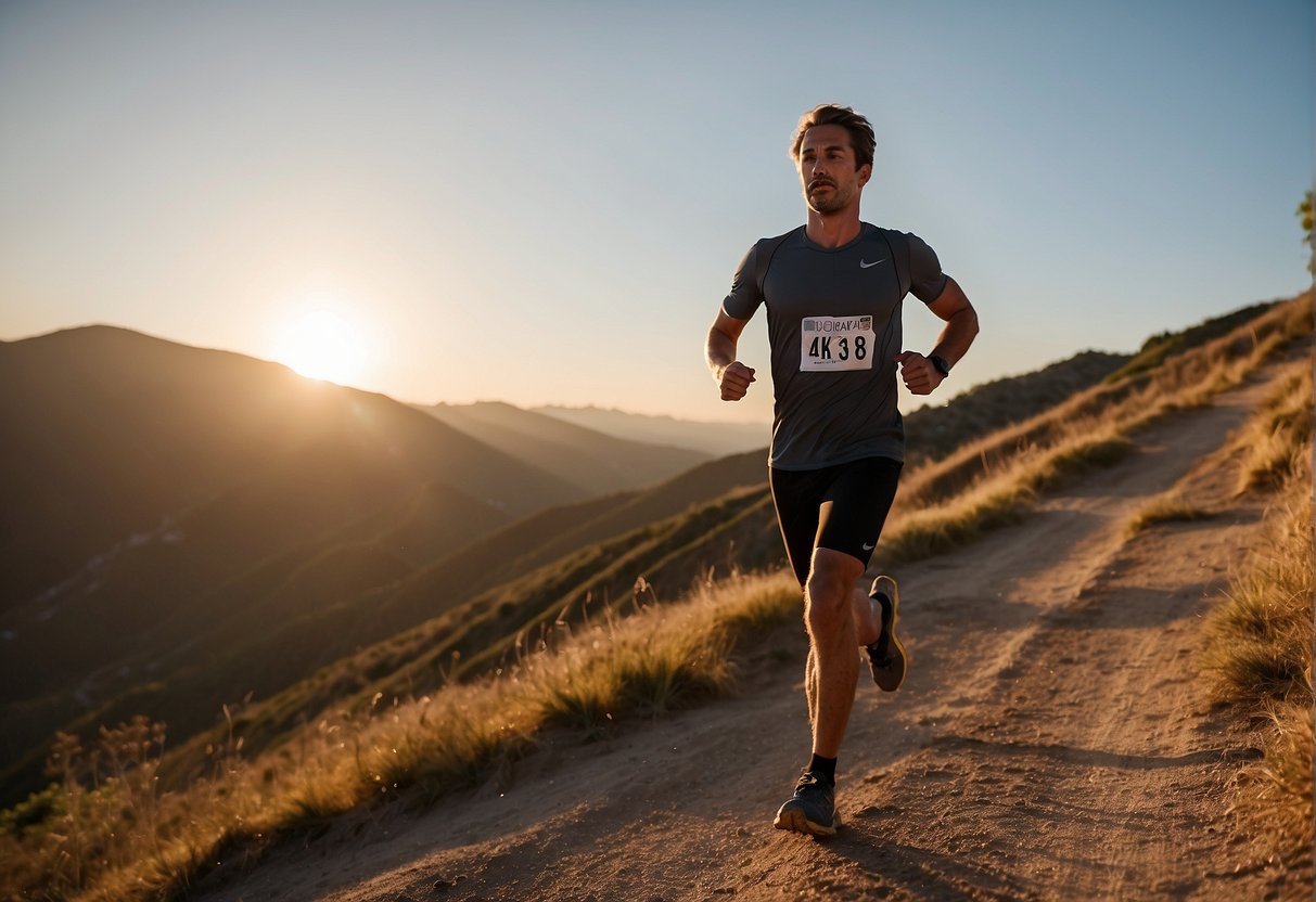 A runner sprints up a steep hill, then jogs down for recovery. Repeat 8 times. The sun sets in the background as the runner's breath becomes heavy