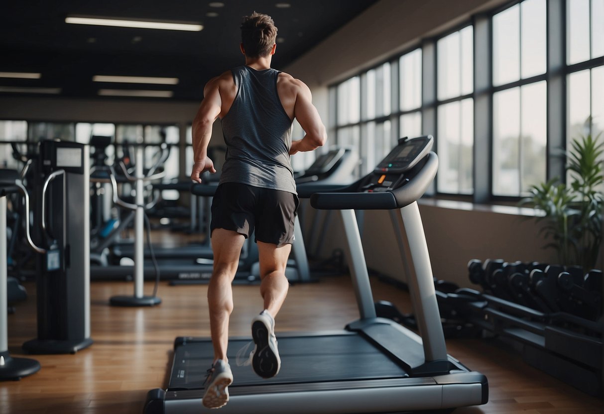 A figure running on a treadmill, breathing heavily, heart rate monitor showing elevated heart rate, sweat dripping down their face