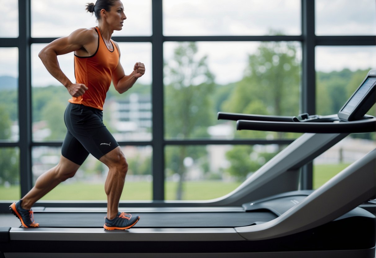 A runner sprints on a treadmill, alternating between bursts of high intensity and periods of rest. The heart rate monitor shows the fluctuation in aerobic conditioning