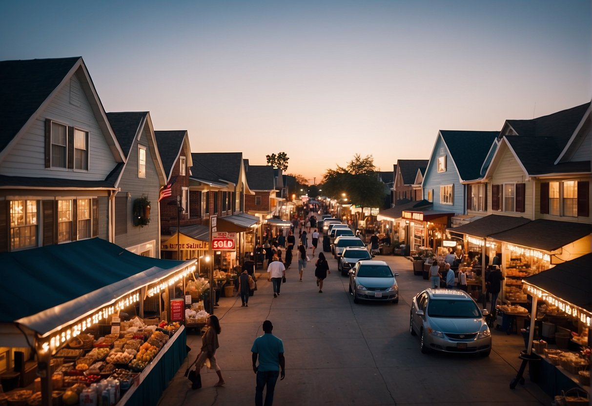 A bustling market with "Sold" signs on houses, indicating high demand and quick sales in Houston