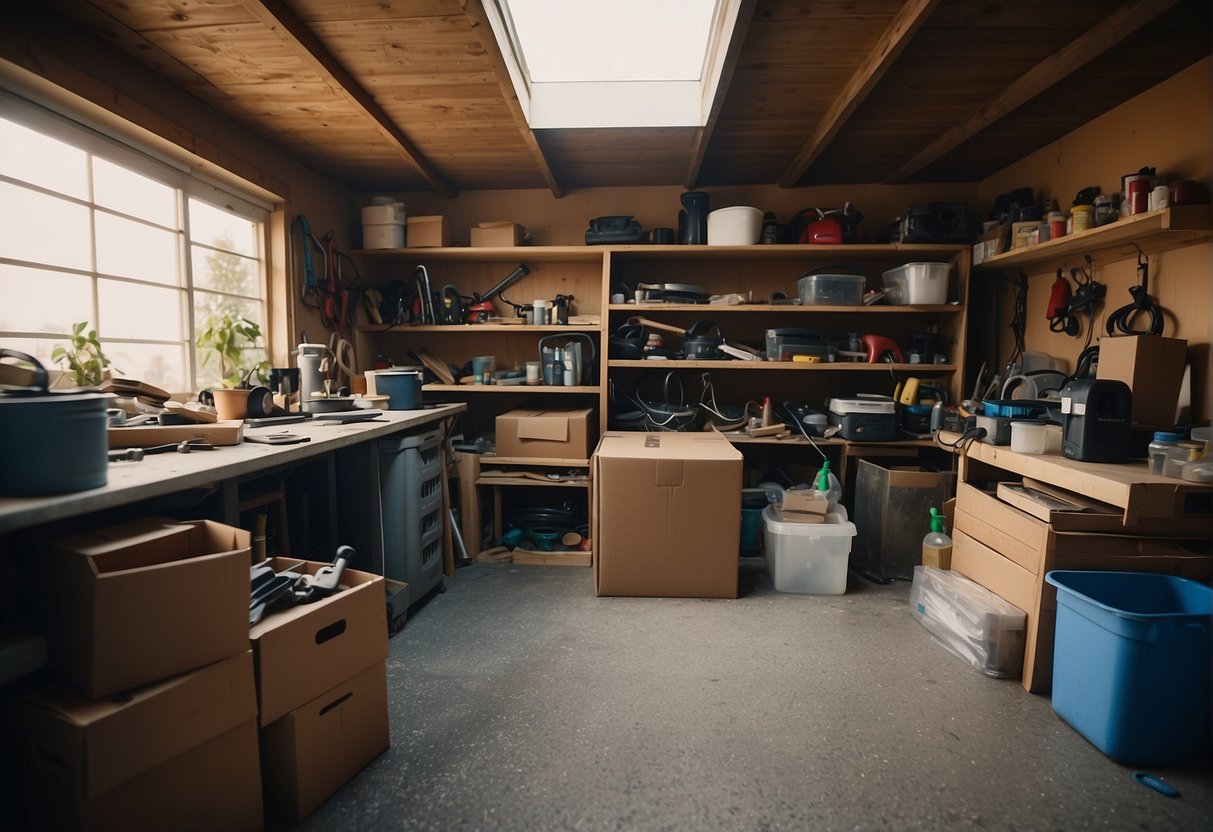 A cluttered garage with old tools and boxes, a leaky faucet in the kitchen, and worn-out carpeting in the living room