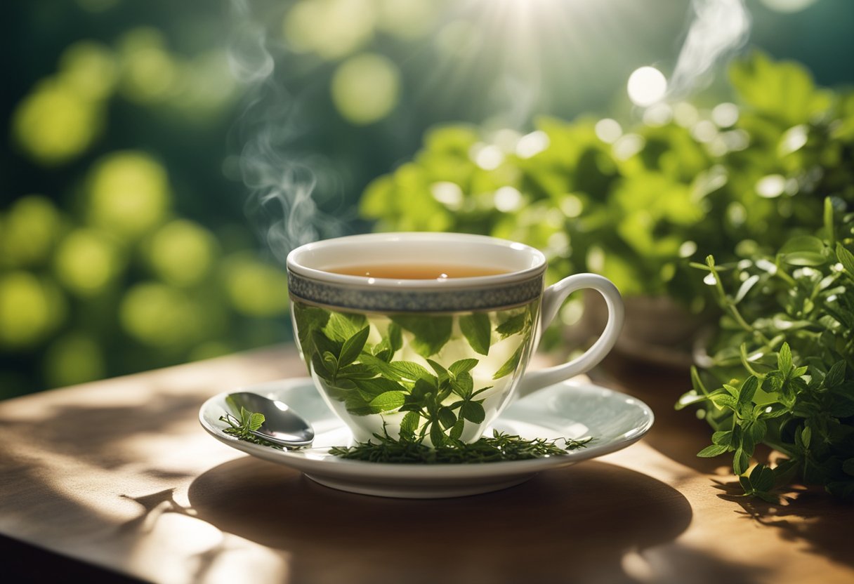 A steaming cup of tea surrounded by fresh herbs and fruits, with a serene backdrop of nature and sunlight filtering through the leaves