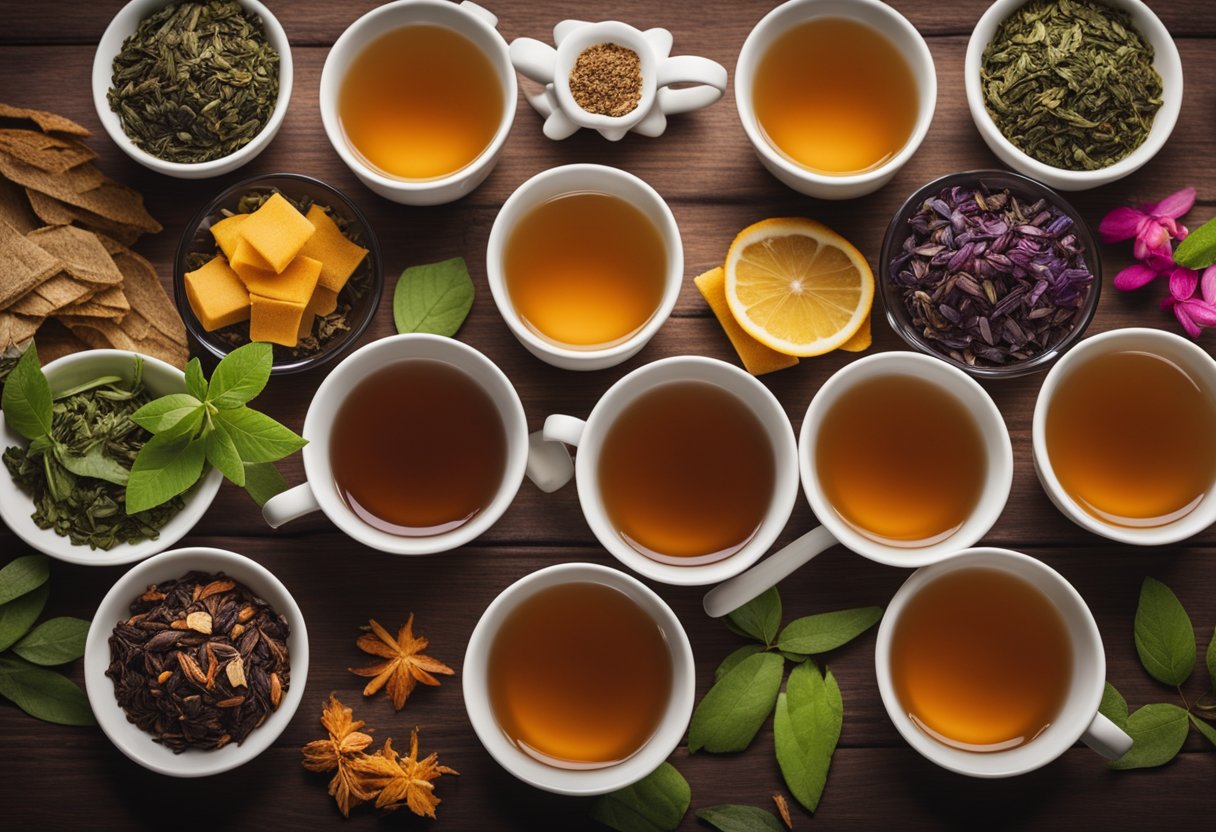 Various types of detox teas displayed on a table with vibrant colors and natural ingredients. Tea bags and loose leaves are arranged neatly, with steam rising from a freshly brewed cup