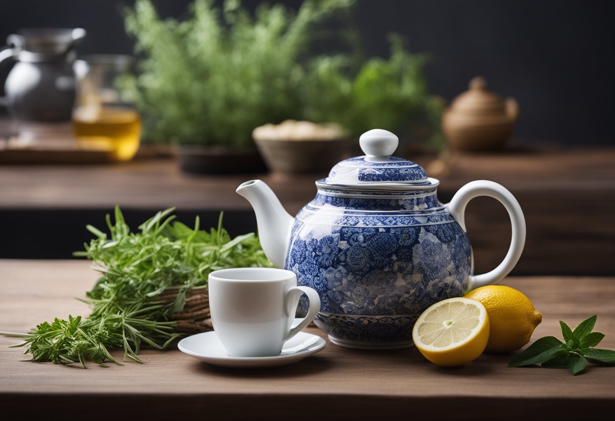 A table with various herbs, a teapot, and a cup. A steaming teapot pours into the cup. Ingredients like ginger and lemon are visible