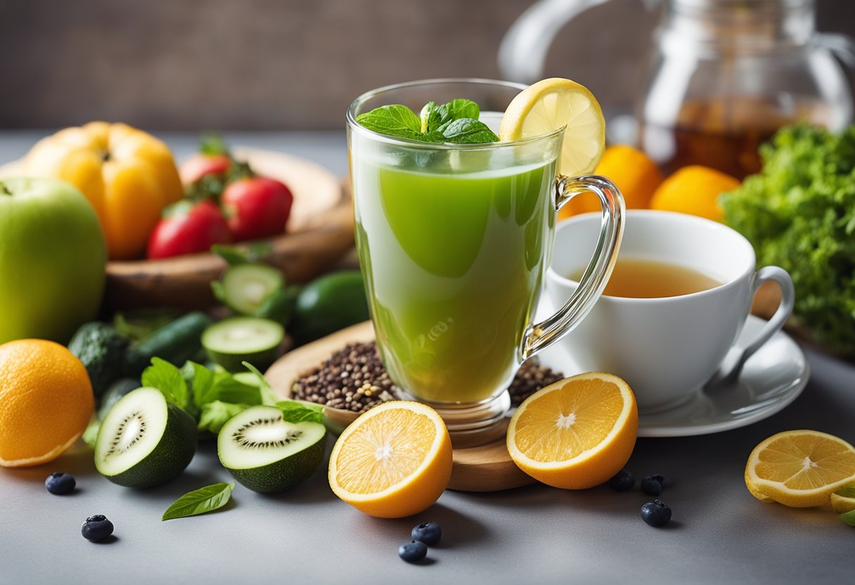 A cup of detox tea surrounded by fresh fruits, vegetables, and exercise equipment, illustrating a healthy lifestyle