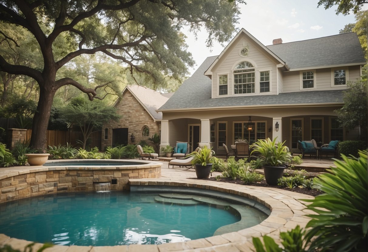 A suburban Houston home with a pool, surrounded by lush landscaping and a spacious outdoor living area