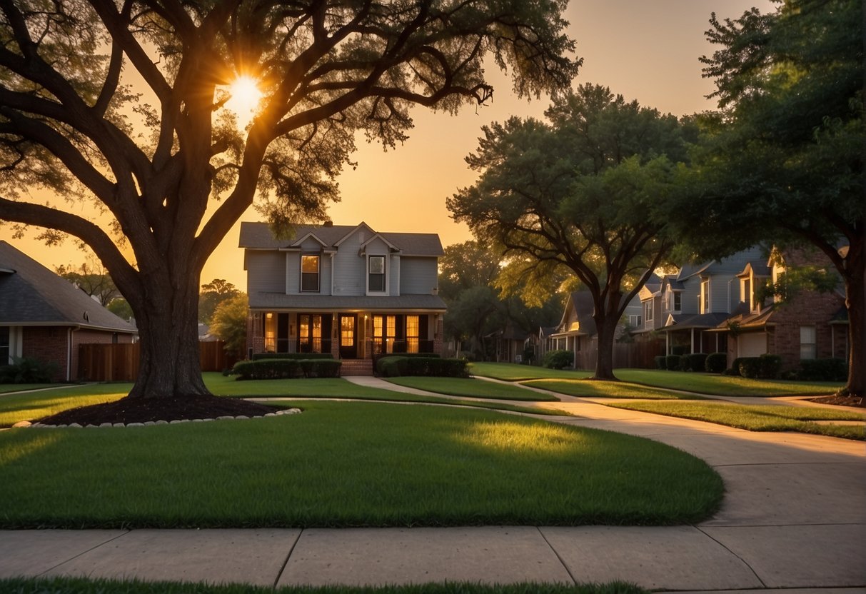 The sun sets over a suburban Houston neighborhood, casting a warm glow on the well-maintained houses. The trees are lush and green, and the streets are quiet, creating a peaceful and inviting atmosphere for potential buyers