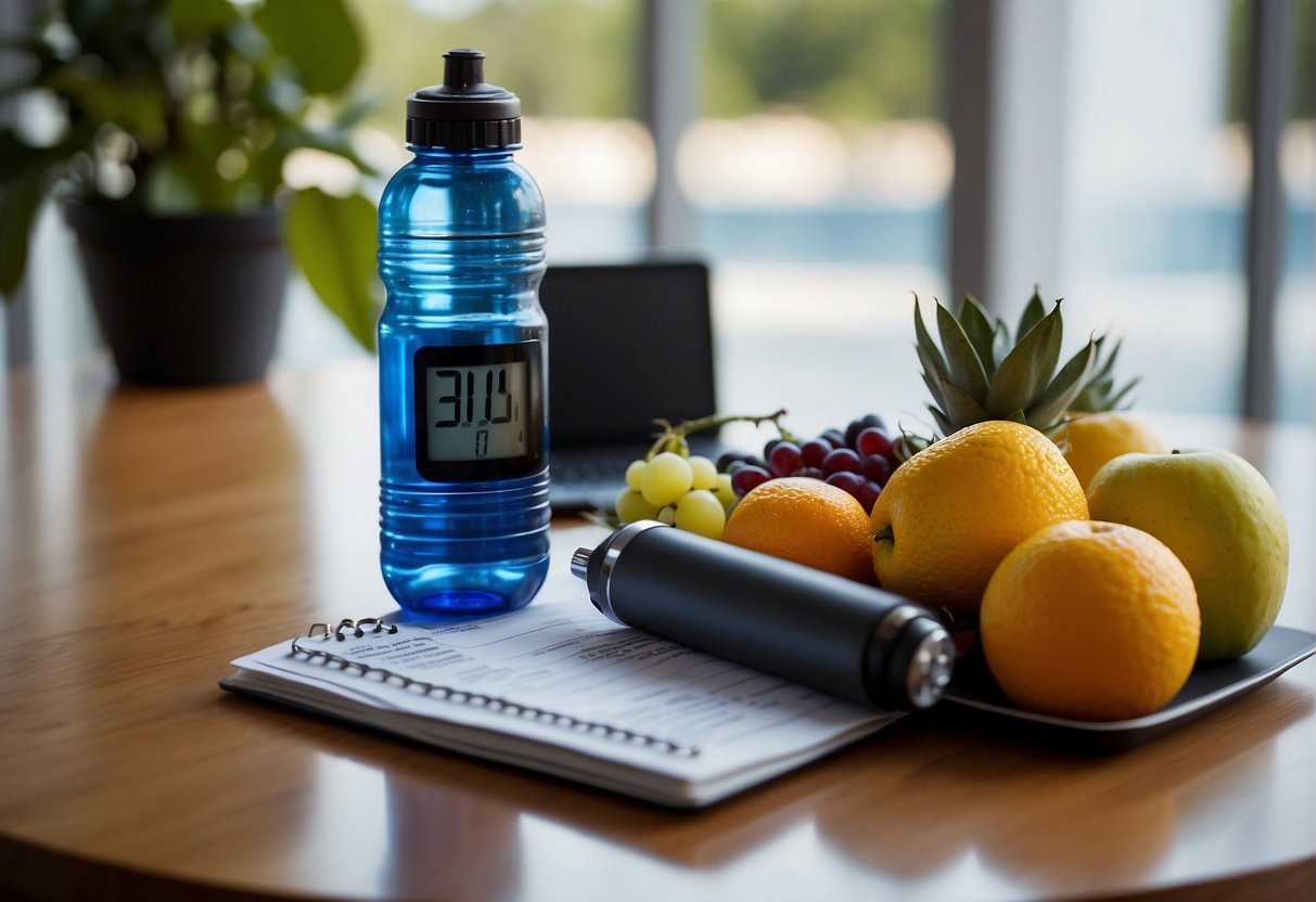 A table with a water bottle, fruit, and a training schedule. A runner's bib and a stopwatch are also on the table