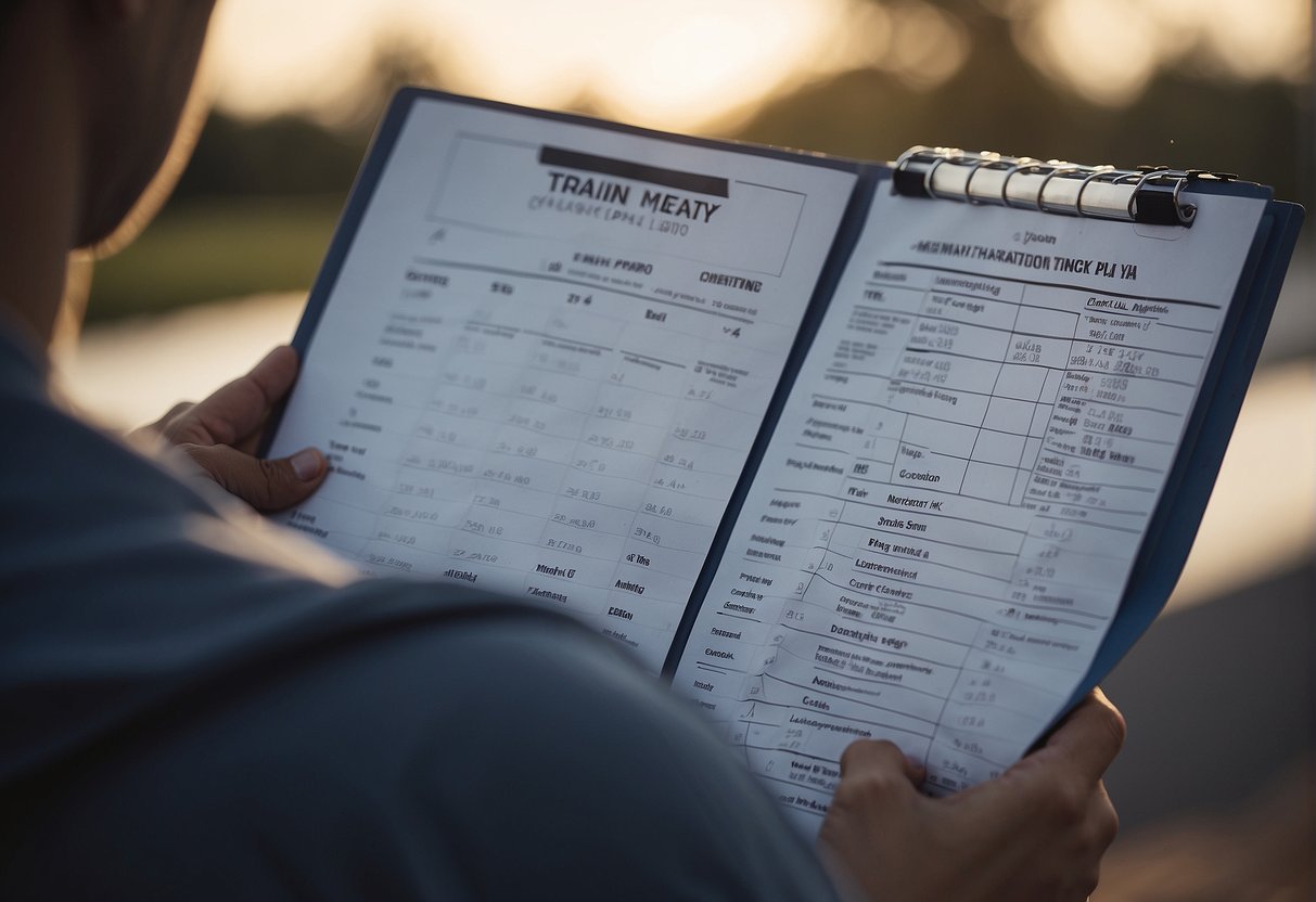 A runner sits with a training plan, visualizing the upcoming half marathon. They focus on mental preparation and strategy, ready to tackle the 16-week schedule