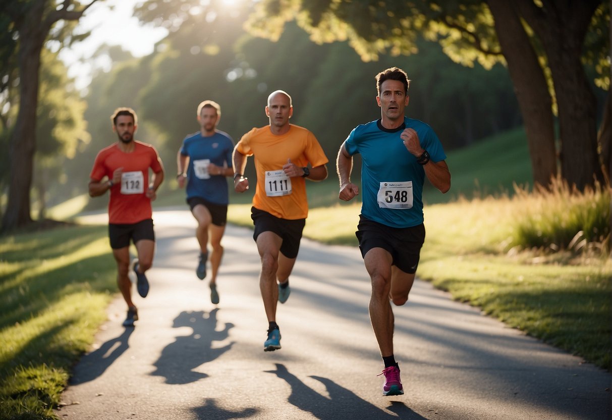 Runners follow a 16-week training plan, progressing from the couch to a half marathon. The scene shows a progression of running routes, workout schedules, and race day preparation