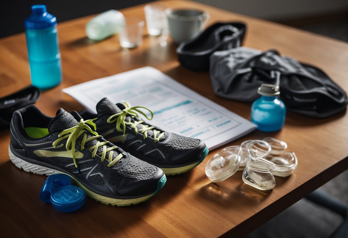 A runner lays out running shoes, water bottle, and a training plan on a table, preparing for a 16-week couch to half marathon program