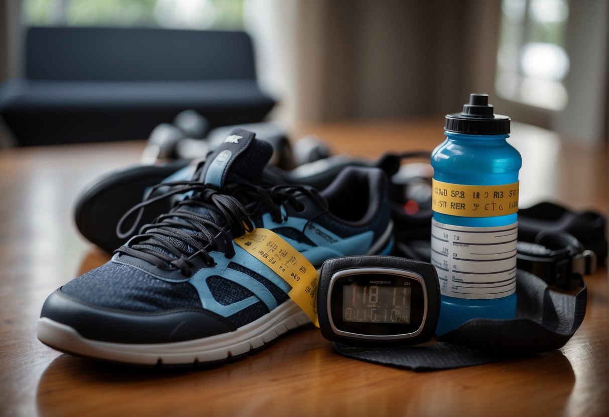 A couch with a half marathon training schedule taped to the armrest, surrounded by running shoes, water bottles, and a stopwatch