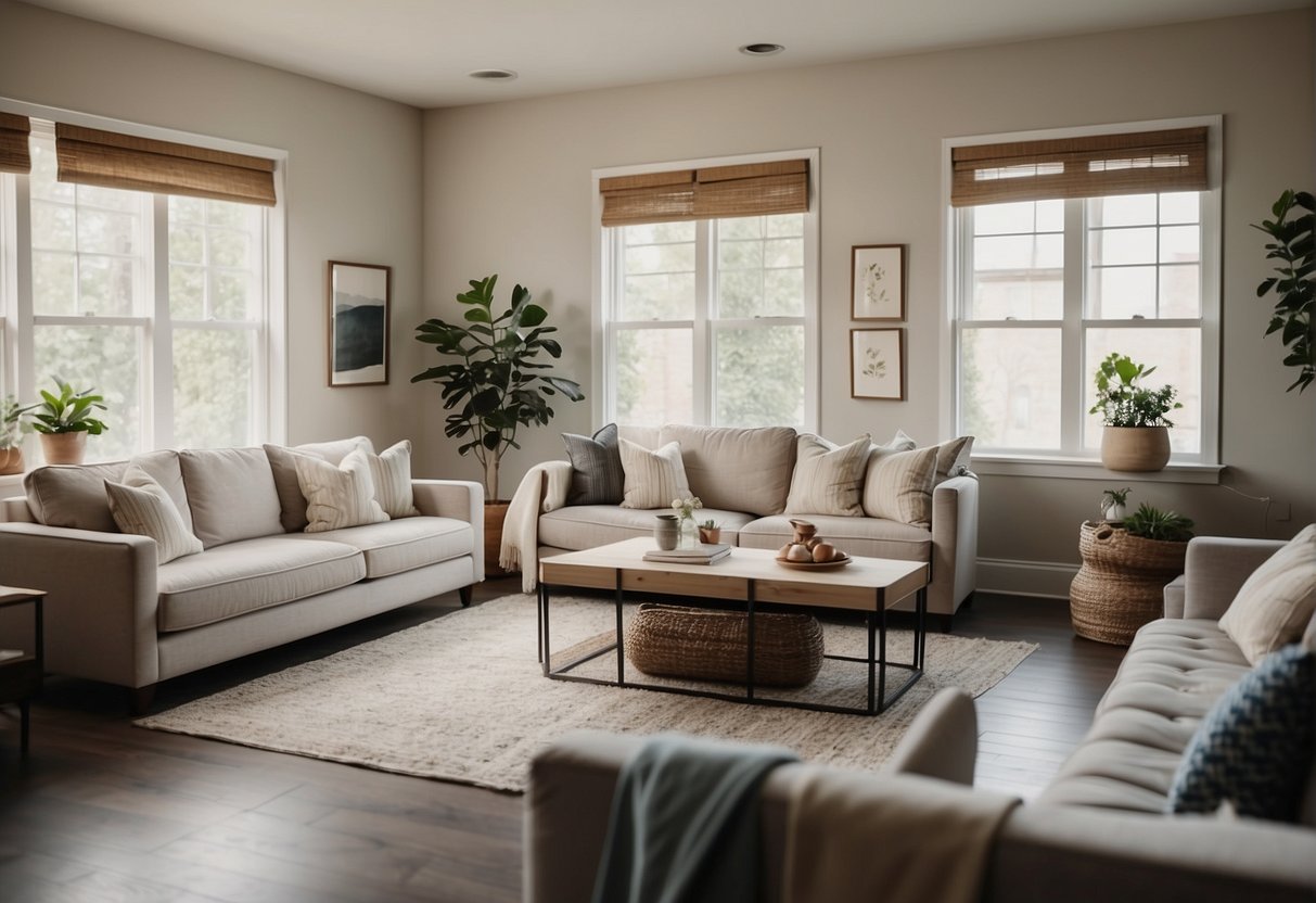 A clutter-free living room with neutral decor, fresh paint, and natural light. Decluttered kitchen counters, organized cabinets, and a clean, inviting dining area