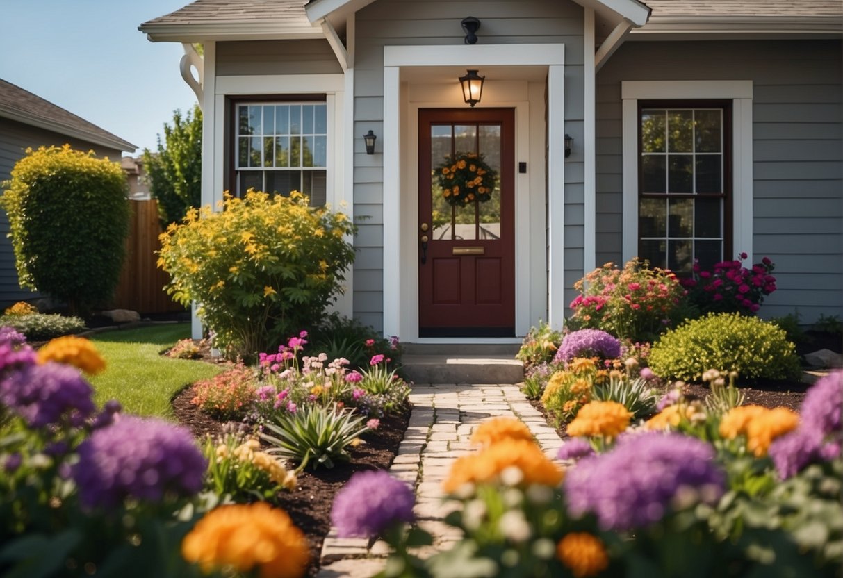 A well-manicured front yard with colorful flowers and a freshly painted front door. A clean and clutter-free exterior with updated lighting and a welcoming entryway