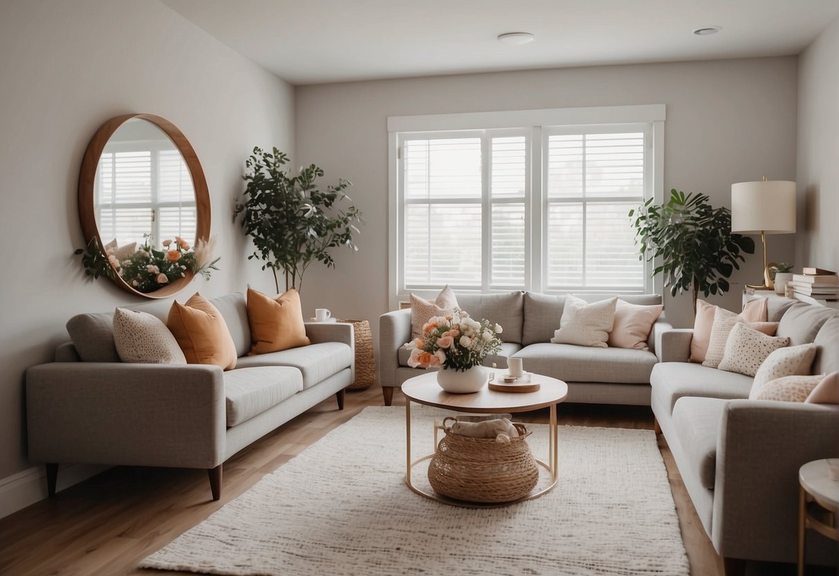 Bright, clutter-free living room with neutral decor, strategically placed mirrors, and fresh flowers. Well-lit kitchen with organized cabinets and a pop of color. Cozy bedroom with crisp bedding and minimal furniture