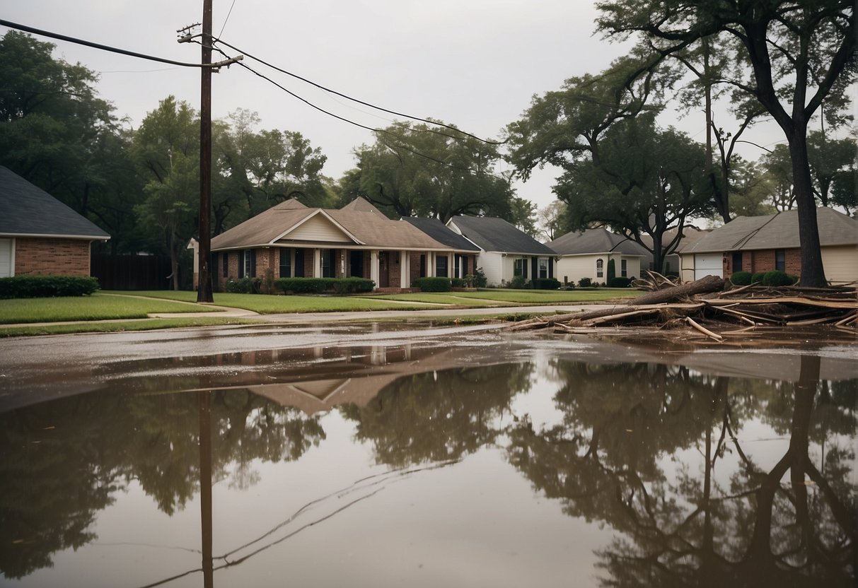 Houston homes damaged by hurricane with flooded streets and debris, while others remain untouched, illustrating the impact on local housing market