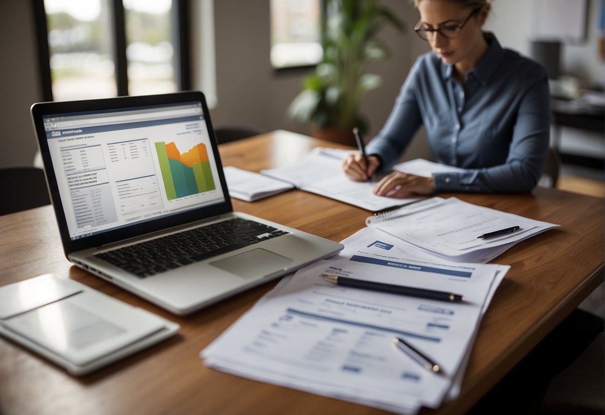 A teacher sitting at a desk, reviewing paperwork for a home loan. A calculator, pen, and documents are scattered on the desk. A laptop is open with a bank's website displayed