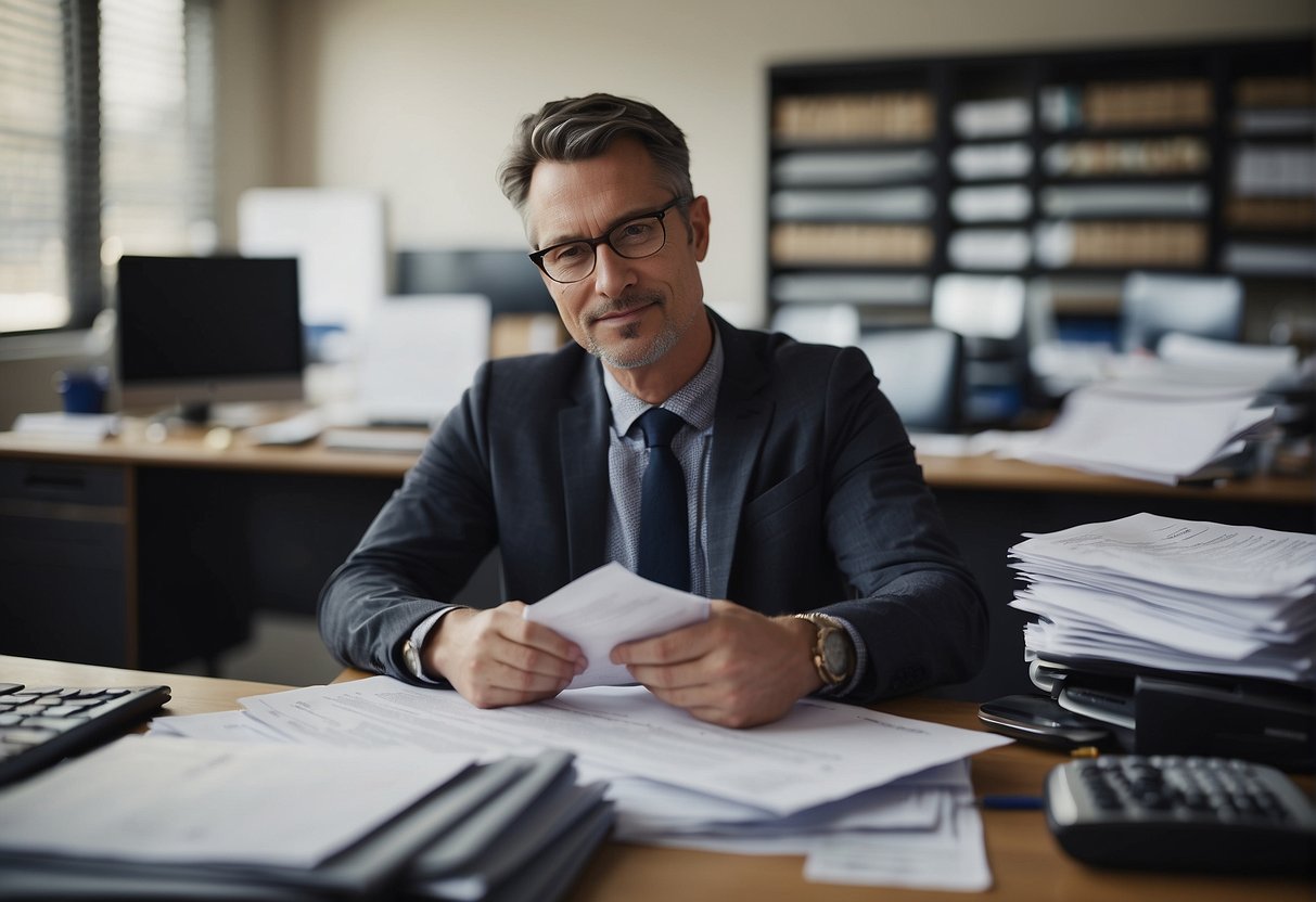 A teacher sits at a desk, surrounded by paperwork and a computer. A stack of loan documents and financial assistance forms are spread out in front of them