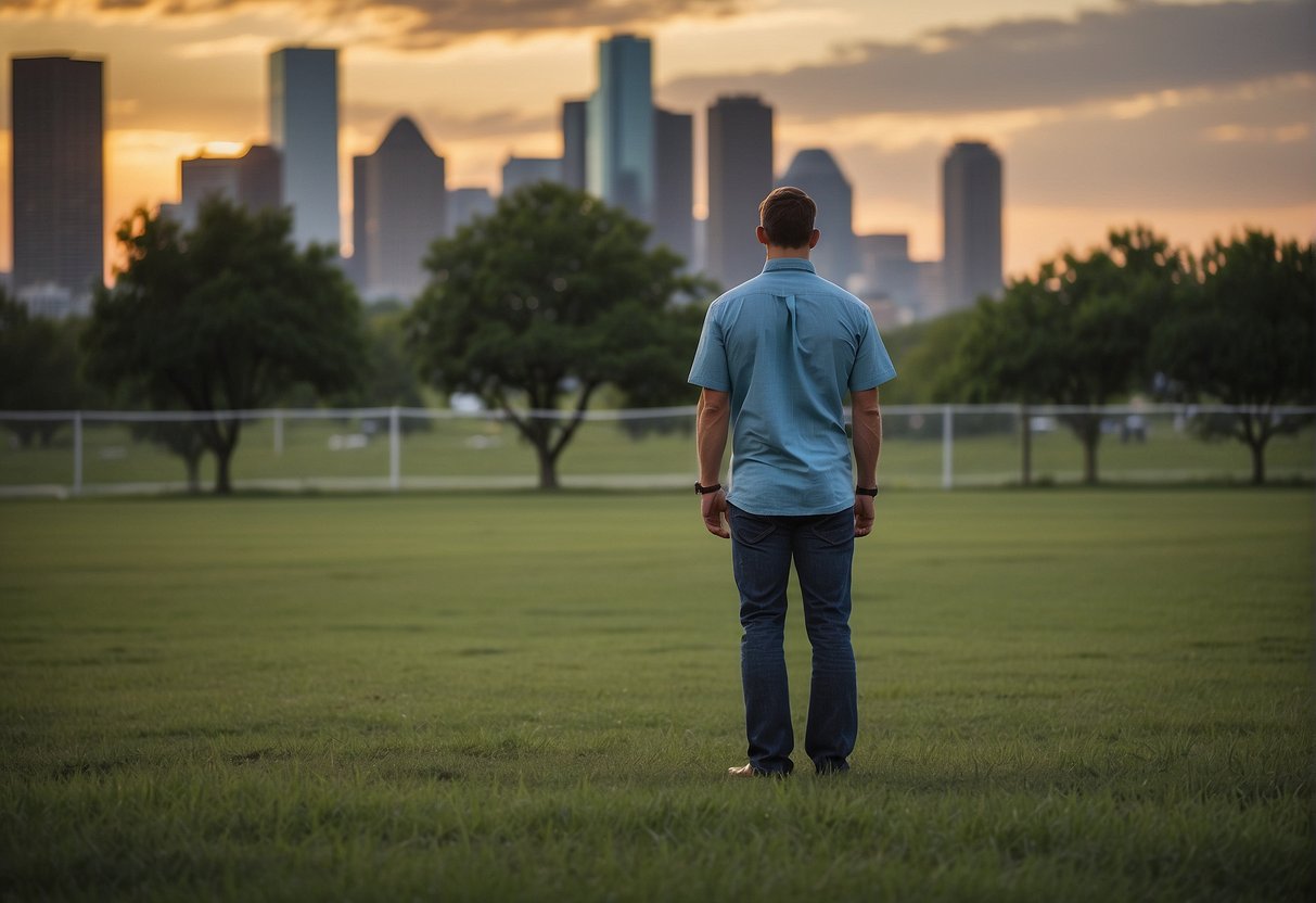 A person stands on a grassy plot in the Houston area, surrounded by suburban homes and city skyline in the distance