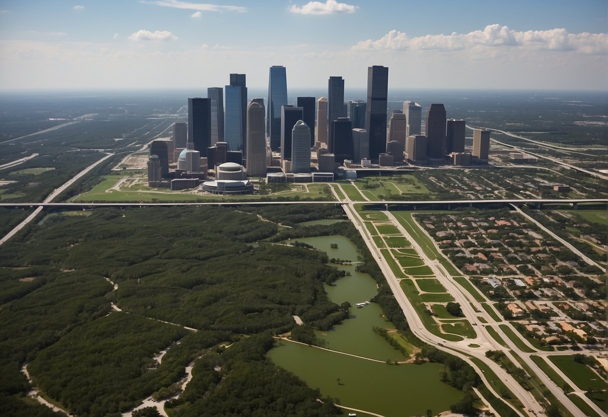 Aerial view of Houston landscape with diverse terrain and vegetation, including urban and rural areas