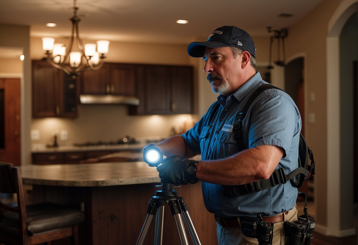 A home inspector examines a Texas house, checking for structural, electrical, and plumbing issues. They use tools like flashlights and moisture meters