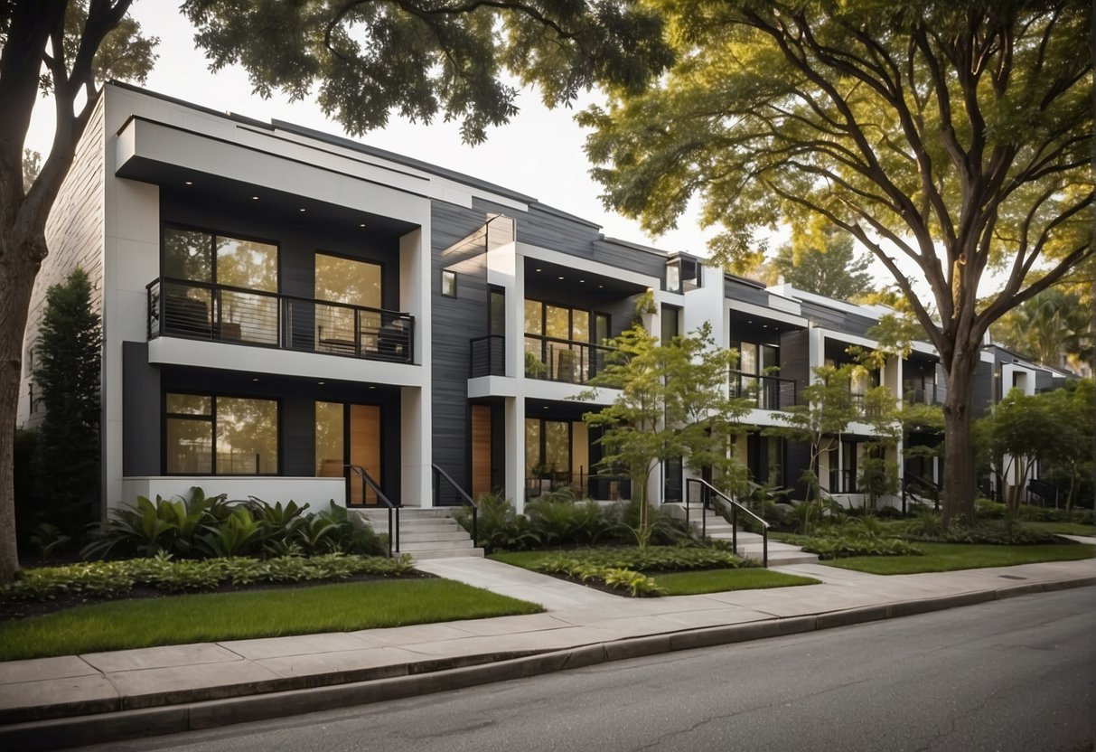 A duplex and a condo stand side by side, each with its own unique charm. The duplex boasts a traditional, two-story design, while the condo features a sleek, modern facade. Both properties are surrounded by lush greenery, adding to their appeal