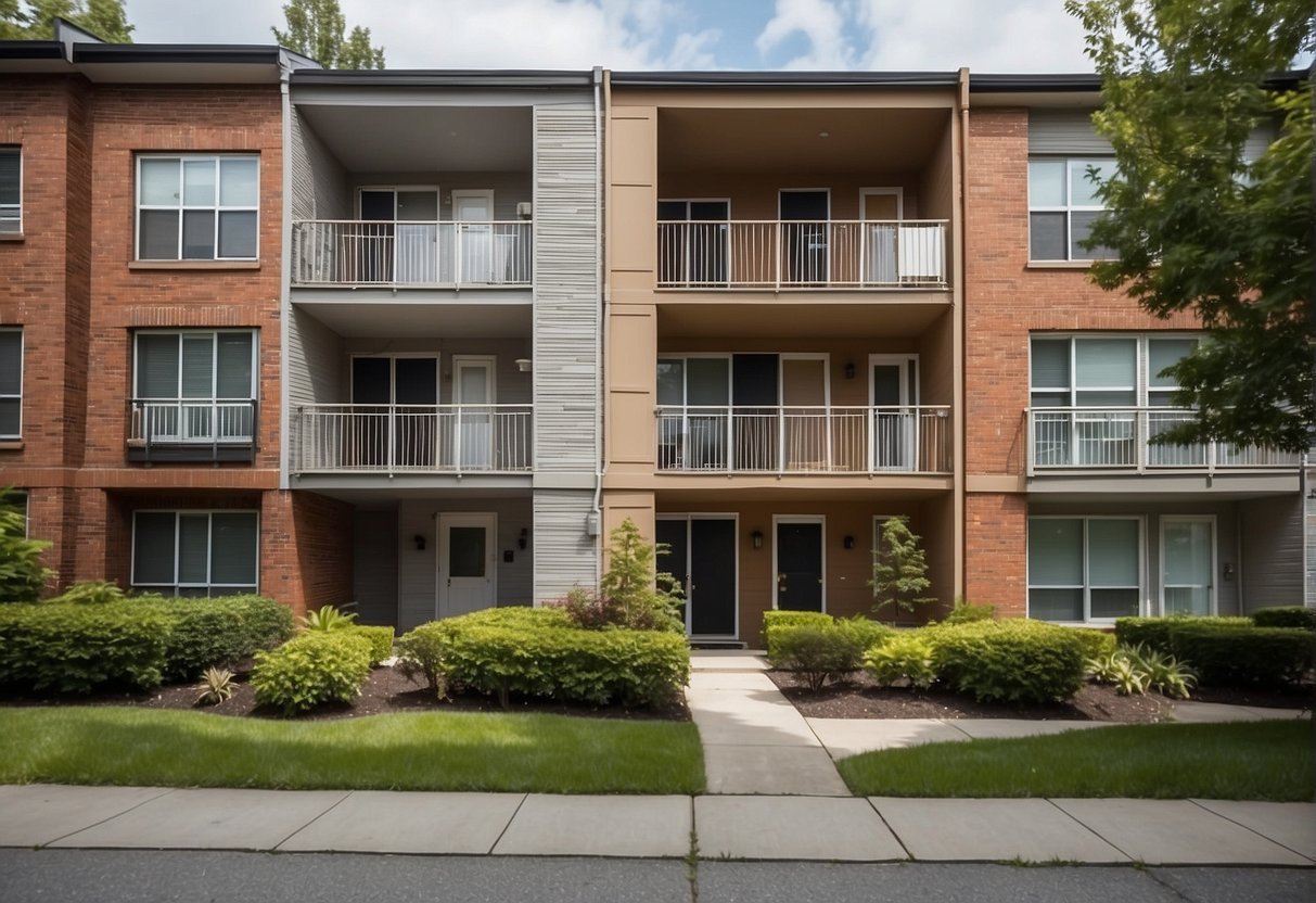 A condo surrounded by other units with shared walls and common areas. A townhouse with its own entrance and multiple floors, attached to neighboring units